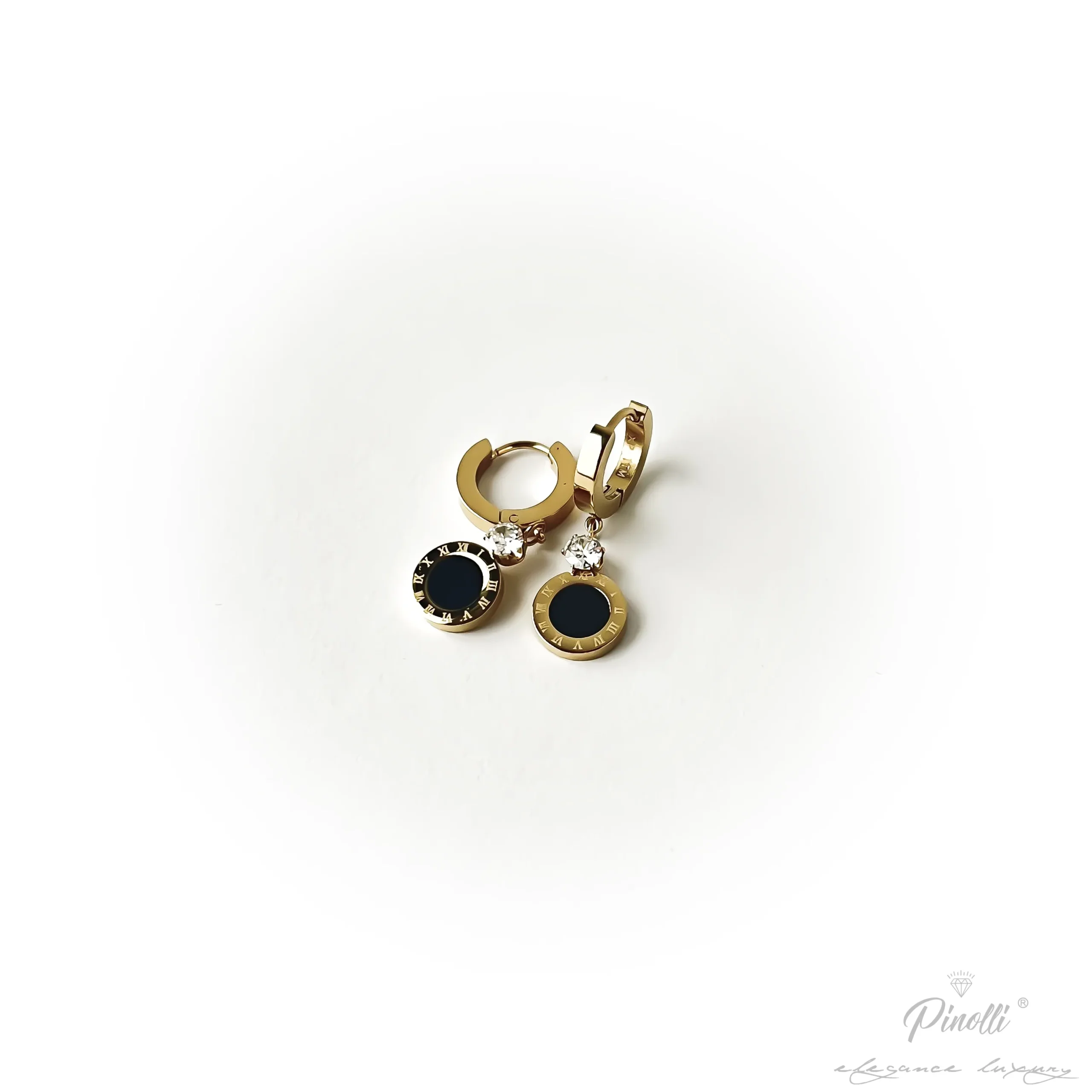 Cercei damă Tempus Nero cu onix și cristal alb elegant Pinolli