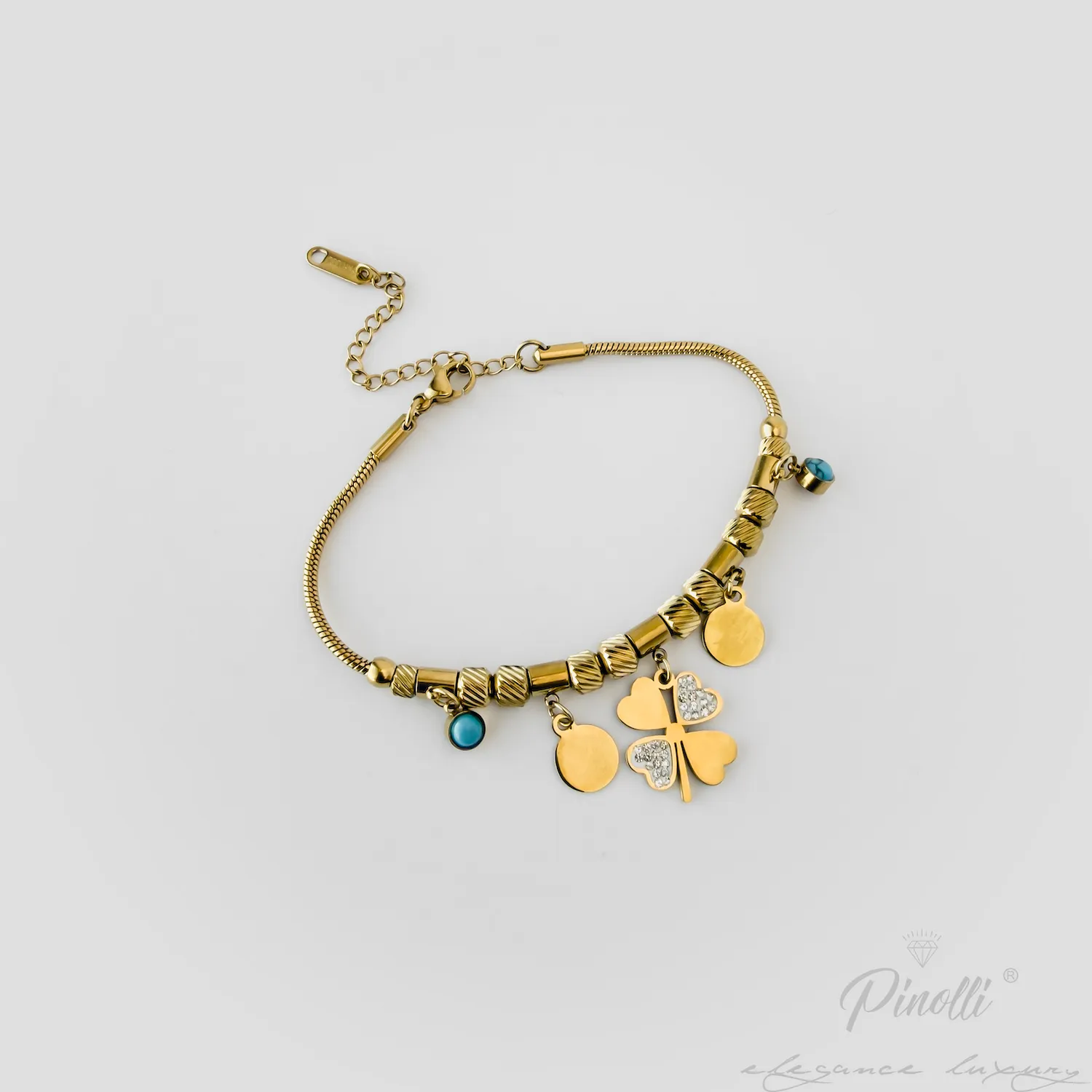 Brățară Charms Fortuna Gold cu trifoi, inimă și detalii turcoaz